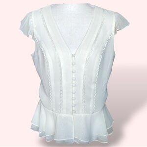 Ann Taylor Loft Ivory Lace Ruffle Detail Sheer Top Cap Sleeve Flouncy Size 6